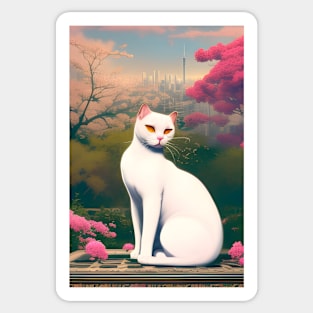 Anime White Cat Surrounded by Flowers. Tokyo Background. Sticker